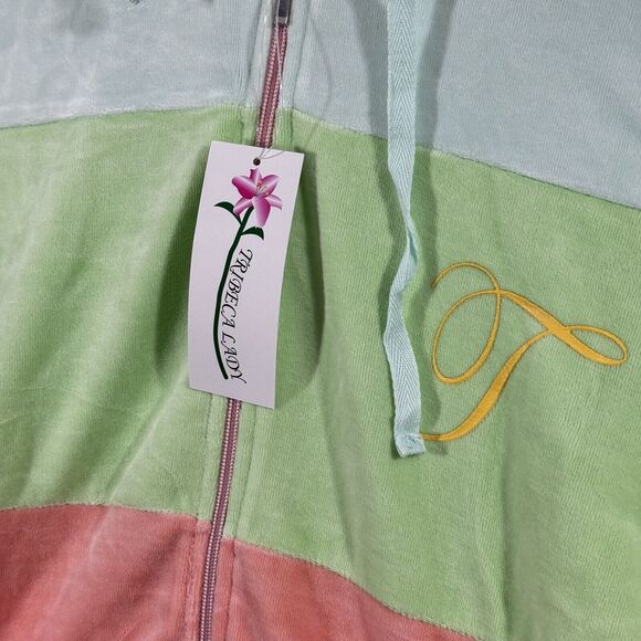 Tribeca Lady Teal Green Pink Stitch Soft Zip-up Drawstring VTG Jacket Woman’s XL - Picture 2 of 7